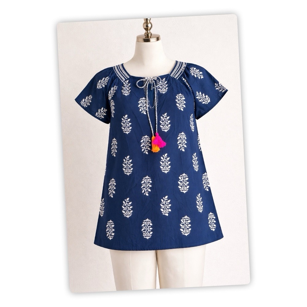 THML Women's Medium Blue Boho Tunic Top 100% Cotton Tassel Tie Neck Embroidered